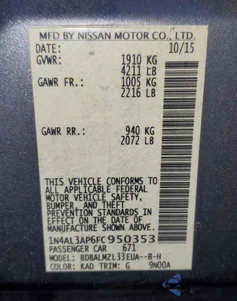 2015 Nissan Altima 2.5 z USA, uszkodzony, nr VIN 1N4AL3AP6FC950353